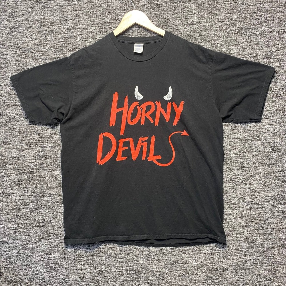 Horny Devils Graphic T-Shirt Black Mens 2XL Port & Company Devil Horns Tail Tee